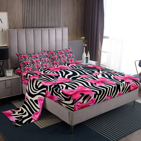 Manfei Cute Bowtie Bowknot Twin Sheet Sets,Zoo Animal Zebra Twin Fitted Sheet,Pink Bow Flat Sheet,Breathable Bedroom Decoration,3pcs
