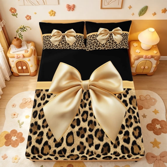 Manfei Cute Bowtie Fitted Sheet Queen,Retro Cheetah Pattern Bedding,3 Pieces,1 Fitted Sheet and 2 Pillowcases