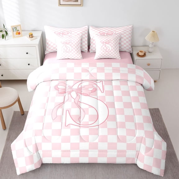 Manfei Cute Bowtie Initial S 7-Piece Twin Bedding,Kawaii Checkerboard Bedding Comforter Set,Pink,Pink Reversible
