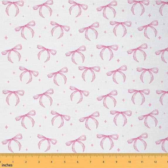 Manfei Cute Bowtie Ribbon Sewing & Crafting Fabric (1 Yard) for Girls, Pink White Home Decor Fabric by the Yard, Glitter Stars DIY Fabric