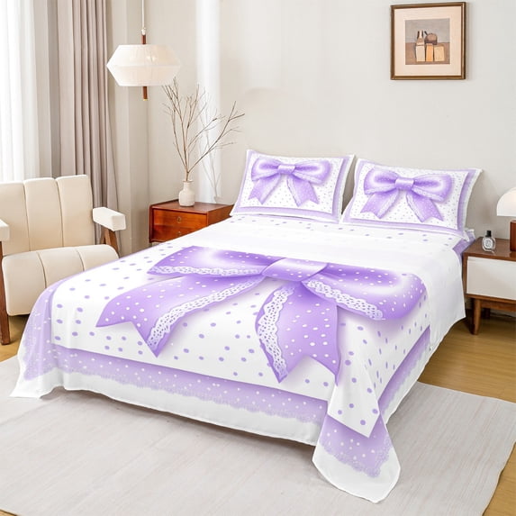 Manfei Cute Bowtie Ribbon Twin Sheet Sets,Purple Dot Pattern Twin Fitted Sheet,Princess Bow Knot Flat Sheet For Girls,Microfiber Bedroom Decor,3-Piece