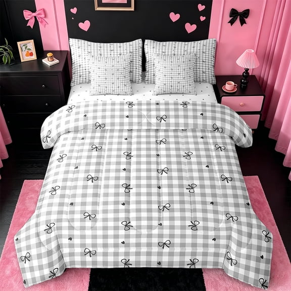 Manfei Cute Bowtie Twin Bedding Sets 7 Pieces,Black Bowknot Bow Bedding Comforter Set 7 Pieces,Geometric Plaid Sheet Sets For Children,Breathable Room Decoration Reversible