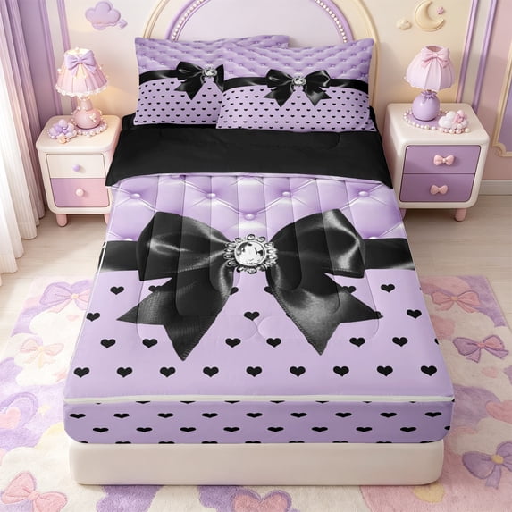 Manfei Cute Bowtie Zipper Queen Comforter Set with Fitted Sheet and 2 Pillowcases,Cartoon Polka Dot Zipper Bedding Set,Black Reversible,4 Pieces