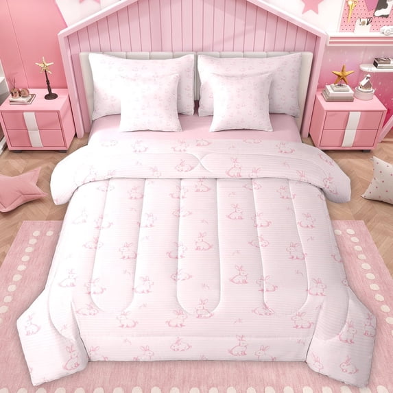 Manfei Cute Bunnies Print Bedding Comforter Set 7 Pieces for Girl, Cartoon Pink Rabbit Animal Full Bedding Set, Modern Art Reversible Fitted Sheet Flat Sheet, Super Cozy Room Decor