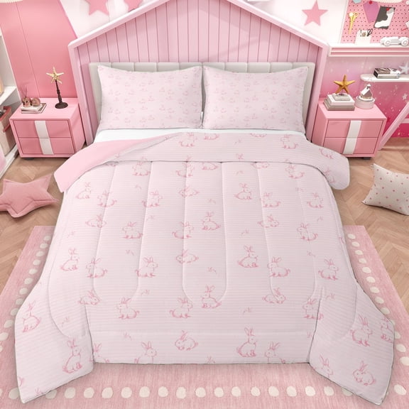 Manfei Cute Bunnies Print Full Size Comforter Sets for Girl, Cartoon Pink Rabbit Animal Bedding Comforter Set, Modern Art Reversible Bedding Sets, Super Cozy Room Decor, 3-Piece