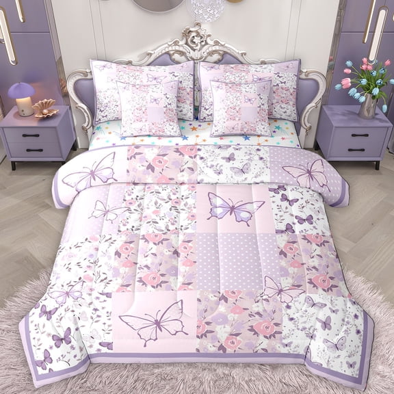 Manfei Cute Butterflies 7-Piece Twin Bedding Sets,Flying Animal Bedding Comforter Set,Purple White Checkered Sheet Sets For Girls Kids,Super Cozy Room Decor