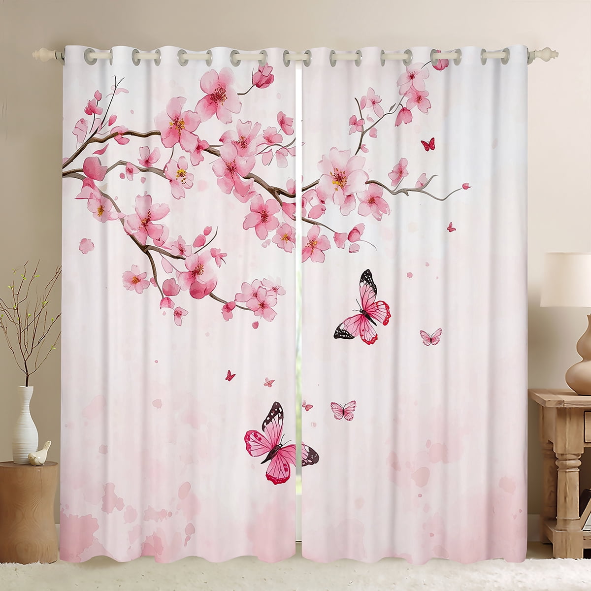 Manfei Cute Butterflies Black Out Curtains,Cherry Blossom Curtains Pack of 2 (42x63 Each),Light Pink Bedroom Curtains For Princess,Super Cozy Room Decor