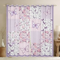 Manfei Cute Butterflies Black Out Curtains,Flying Animal Curtains Pack of 2 (42x63 Each),Purple White Checkered Bedroom Curtains For Girls Kids,Super Cozy Room Decor