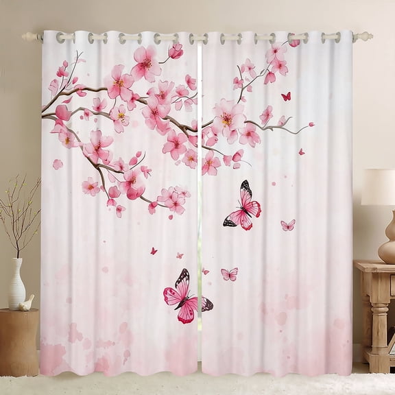 Manfei Cute Butterflies Curtains Pack of 2 (42x84 Each),Cherry Blossom Curtains Blackout,Light Pink Bedroom Curtains For Princess,Super Cozy Room Decor