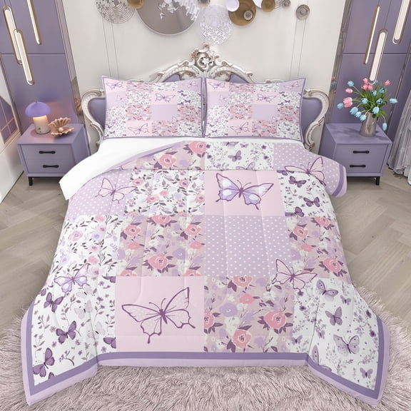 Manfei Cute Butterflies Full Size Comforter Sets,Flying Animal Bedding Comforter Set,Purple White Checkered Bedding Sets For Girls Kids,Super Cozy Room Decor,3 Pieces