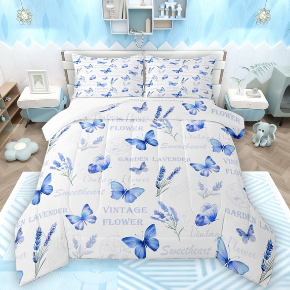 Manfei Cute Butterflies Queen Comforter Set,Vintage Flower Bedding Sets,White Blue Bedding Comforter Set For Girls Kids,Super Cozy Room Decor,3-Piece