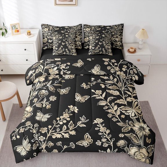 Manfei Cute Butterfly 7-Piece Twin Bedding Sets,Country Flower Bedding Comforter Set,Beige Black Sheet Sets For Girl Teens,Breathable Home Decor Reversible