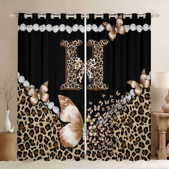 Manfei Cute Butterfly Bowtie Blackout Curtains,Pearl Cheetah Window Curtains Pack of 2 (38x45 Each),Black Brown