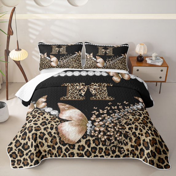 Manfei Cute Butterfly Bowtie Quilt King,Pearl Cheetah King Coverlet Set,Black Brown,3pcs,1 Bedspread and 2 Pillowcases