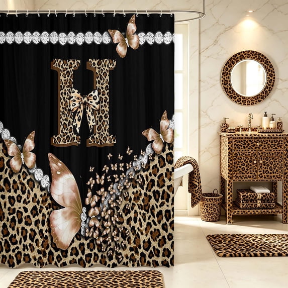 Manfei Cute Butterfly Bowtie Shower Curtain 72Wx78L,Pearl Cheetah Bath Curtain,Black Brown