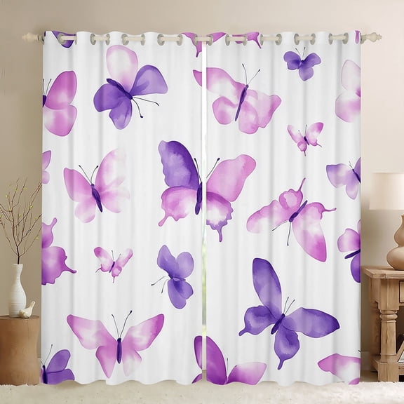 Manfei Cute Butterfly Butterflies Curtains and Drapes,Purple Tie Bye Black Out Curtains,Cartoon Animal Curtains Pack of 2 (52x63 Each),Lightweight Bedroom Decor