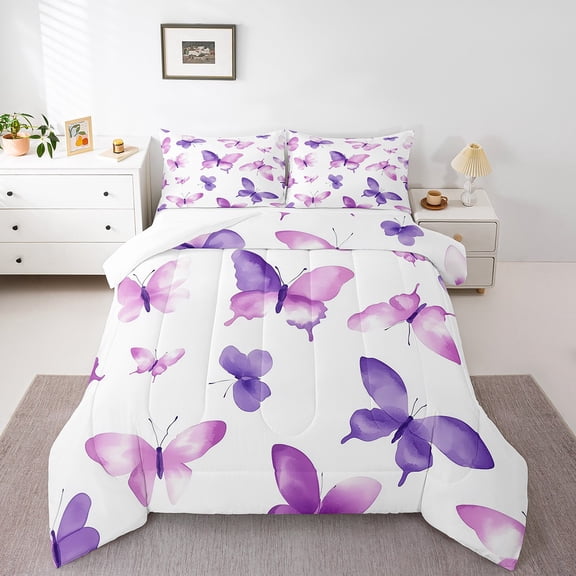 Manfei Cute Butterfly Butterflies Queen Comforter Set,Purple Tie Bye Bedding Sets,Cartoon Animal Bedding Comforter Set,Lightweight Bedroom Decor Reversible,3-Piece