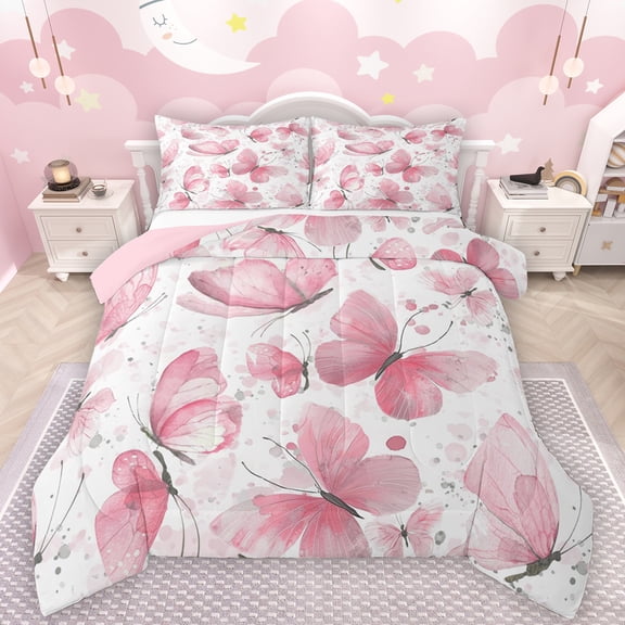 Manfei Cute Butterfly Queen Comforter Set,Flying Animal Bedding Sets,Pink White Bedding Comforter Set For Kids,Breathable Home Decor Reversible,3 Pieces