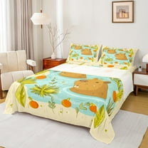 Manfei Cute Capybara 3pcs Twin Sheet Sets,Botanical Plants Twin Fitted Sheet,Cartoon Animal Breathable Flat Sheet,Super Cozy Kawaii Room Decorative