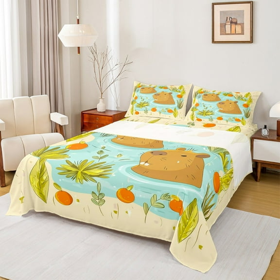 Manfei Cute Capybara 3pcs Twin Sheet Sets,Botanical Plants Twin Fitted Sheet,Cartoon Animal Breathable Flat Sheet,Super Cozy Kawaii Room Decorative