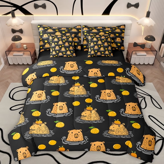 Manfei Cute Capybara 7-Piece Twin Bedding Sets,Cartoon Ocean Animal Bedding Comforter Set,Brown Black Sheet Sets For Girls Boys,Microfiber Bedroom Decor Reversible