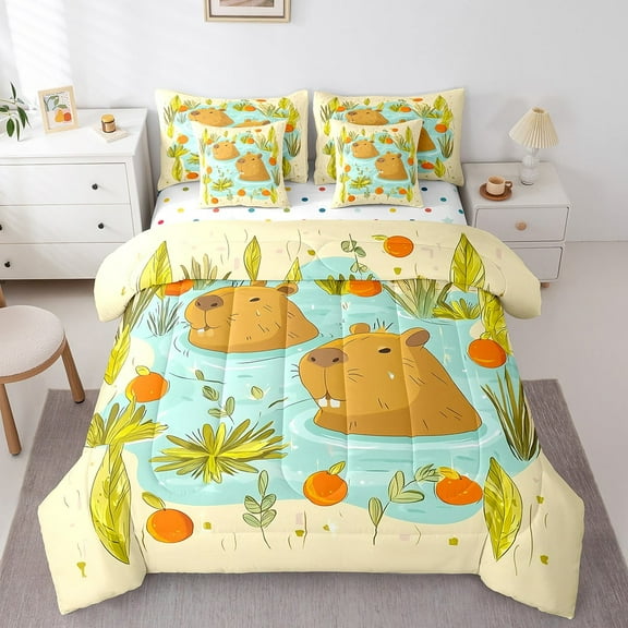 Manfei Cute Capybara 7 Pieces Bedding Comforter Set,Botanical Plants Full Bedding Set Lightweight,Cartoon Animal Fitted Sheet Flat Sheet,Super Cozy Kawaii Room Decorative,Reversible