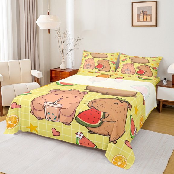 Manfei Cute Capybara Bed Sheets 4pcs for Boys Girls, Summer Boba Tea Watermelon King Sheets, Wildlife Fruit Theme Sheet Set, Super Cozy Room Decor
