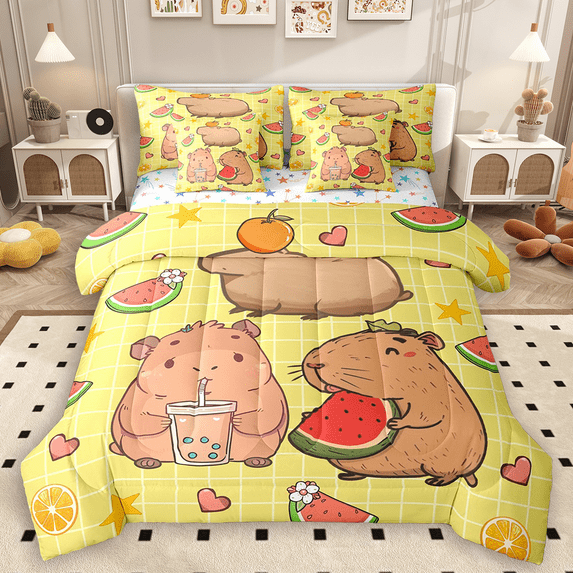 Manfei Cute Capybara Bedding Comforter Set 7pcs for Boys Girls, Summer Boba Tea Watermelon King Bedding Sets, Wildlife Fruit Theme Bed Sheets, Super Cozy Room Decor