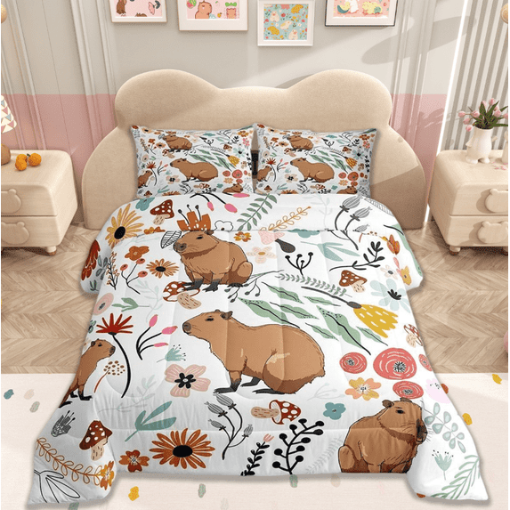 Manfei Cute Capybara Bedding Comforter Set,Mushroom Floral Cartoon Animal Twin Comforter Sets,Watercolor Flowers Leaves Bedding Set For Boys Girls,Ultra Soft Home Decor Reversible,2 Pieces