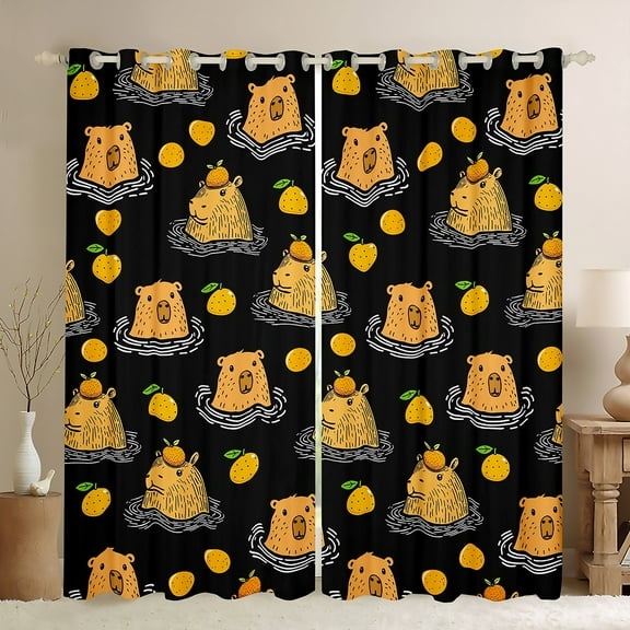 Manfei Cute Capybara Black Out Curtains,Cartoon Ocean Animal Curtains Pack of 2 (42x63 Each),Brown Black Bedroom Curtains For Girls Boys,Microfiber Bedroom Decor