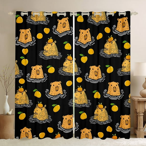 Manfei Cute Capybara Black Out Curtains,Cartoon Ocean Animal Curtains Pack of 2 (42x63 Each),Brown Black Bedroom Curtains For Girls Boys,Microfiber Bedroom Decor