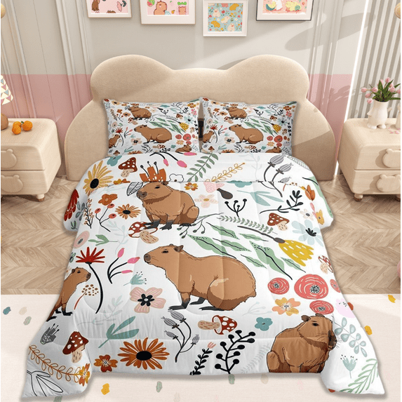 Manfei Cute Capybara Queen Comforter Set,Mushroom Floral Cartoon Animal Bedding Sets,Watercolor Flowers Leaves Comforter Set For Boys Girls,Ultra Soft Home Decor Reversible,3-Piece