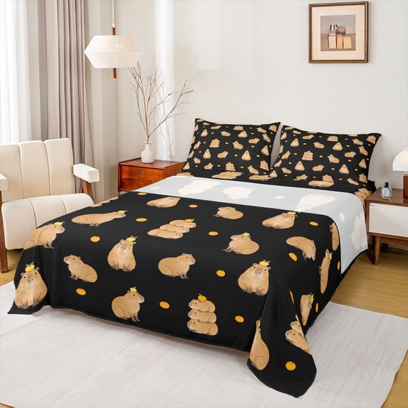 Manfei Cute Capybara Queen Sheets,Juicy Orange Queen Sheet Sets,Black,4-Piece,1 Flat Sheet, 1 Fitted Sheet and 2 Pillowcases