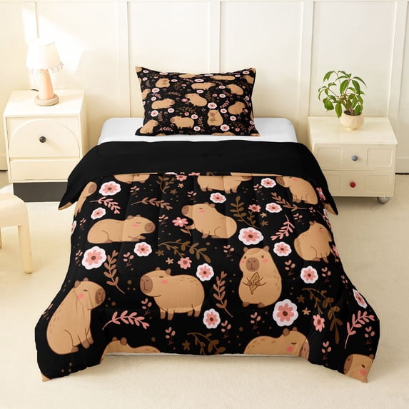 Manfei Cute Capybara Twin Comforter Sets,Lovely Floral Pattern Bedding Set,Black,Black Reversible,2pcs,1 Comforter and 1 Pillowcase