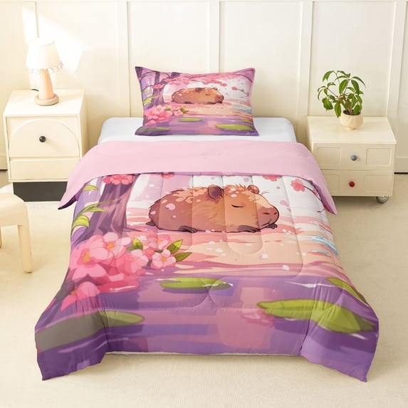 Manfei Cute Capybara Twin Comforter Sets,Lovely Flowers Bedding Set,Purple Pink,Pink Reversible,2-Piece,1 Comforter and 1 Pillowcase