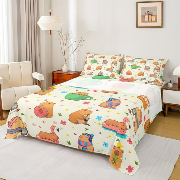 Manfei Cute Capybara Twin Sheet Sets 3pcs, Kawaii Rodent Animal Twin Fitted Sheet, Colorful Floral Flower Flat Sheet, Super Cozy Bedroom Decor