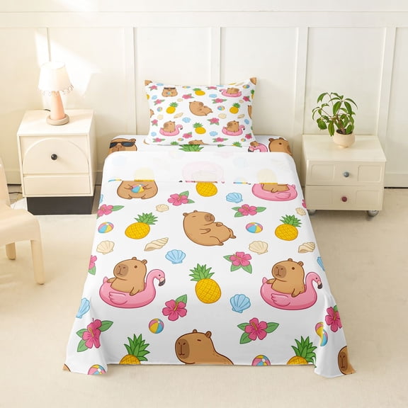 Manfei Cute Capybara Twin Sheets,Cartoon Pineapples Bedding,White,3-Piece,1 Fitted Sheet and 1 Pillowcase