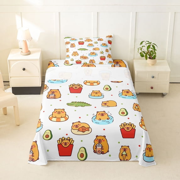 Manfei Cute Capybara Twin Sheets,Kawaii Snack Print Bedding,White,3pcs,1 Fitted Sheet and 1 Pillowcase