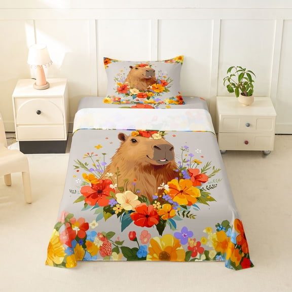 Manfei Cute Capybara Twin Sheets,Kawaii Wildflowers Print Bedding,Multicolor,3 Pieces,1 Fitted Sheet and 1 Pillowcase