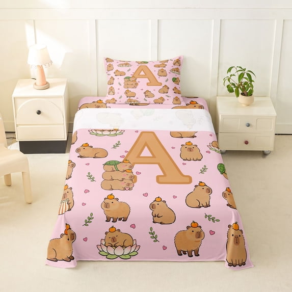 Manfei Cute Capybara Twin Sheets,Lovely Initial A Bedding,Pink Brown,3-Piece