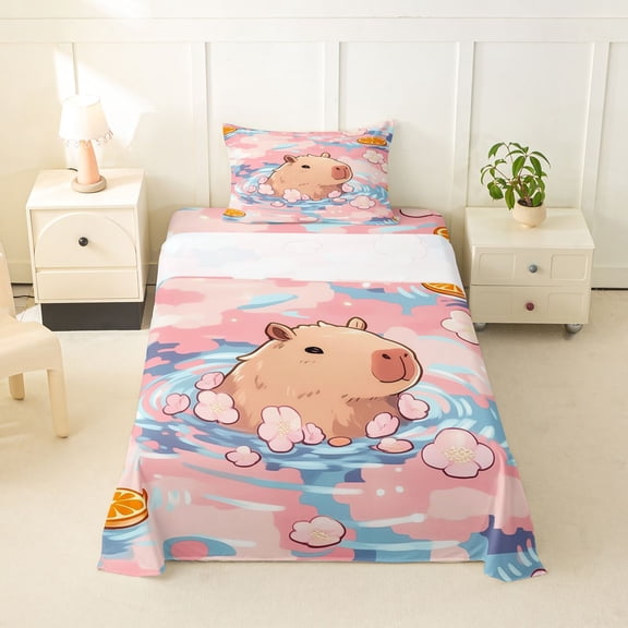 Manfei Cute Capybara Twin Sheets,Pretty Cherry Blossoms Print Bedding,Pink,3 Pieces,1 Fitted Sheet and 1 Pillowcase