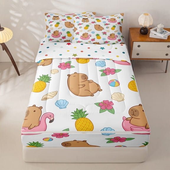 Manfei Cute Capybara Zipper Twin Comforter Sets with Fitted Sheet and 2 Pillowcases,Cartoon Pineapples Zipper Bedding Set,White,Polkadot Reversible,4pcs