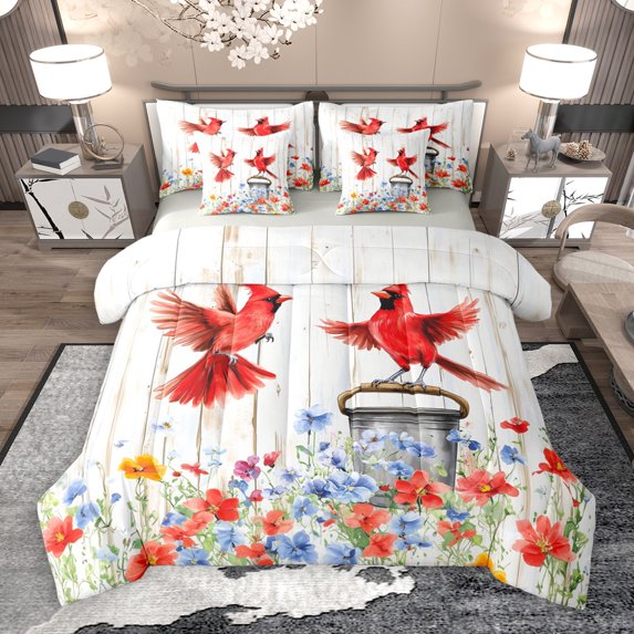 Manfei Cute Cardinals 7-Piece Bedding Comforter Set,Old Barn Door King Bedding Sets,Colorful Flower Floral Bed Sheets For Teens,Ultra Soft Home Decor Reversible