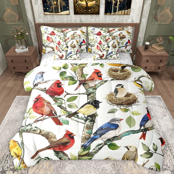 Manfei Cute Cardinals 7-Piece Bedding Comforter Set,Wild Animal King Bedding Sets,Country Botanical Leaf Bed Sheets For Adults,Luxury Bedroom Decor Reversible