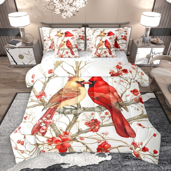 Manfei Cute Cardinals 7-Piece Twin Bedding Sets,Xmas Cherry Bedding Comforter Set,Red White Sheet Sets For Teens,Ultra Soft Home Decor