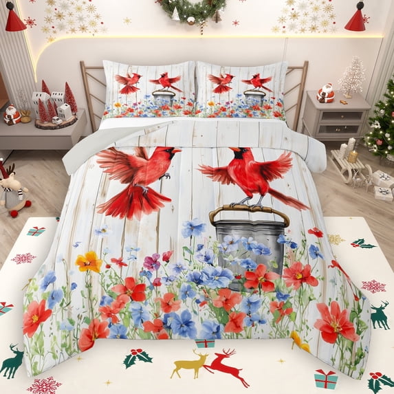Manfei Cute Cardinals Bedding Comforter Set,Old Barn Door Twin Comforter Sets,Colorful Flower Floral Bedding Set For Teens,Ultra Soft Home Decor Reversible,2pcs