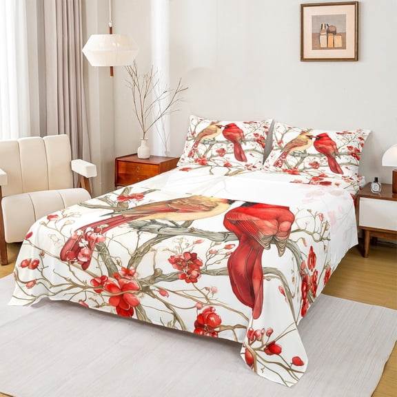 Manfei Cute Cardinals Full Size Sheets,Xmas Cherry Bed Sheets,Red White Sheet Sets For Teens,Ultra Soft Home Decor,4 Pieces
