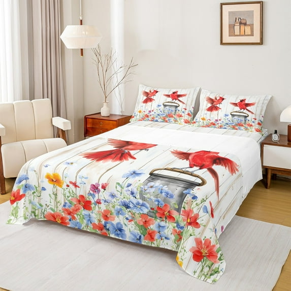 Manfei Cute Cardinals Twin Sheet Sets,Old Barn Door Twin Fitted Sheet,Colorful Flower Floral Flat Sheet For Teens,Ultra Soft Home Decor,3pcs