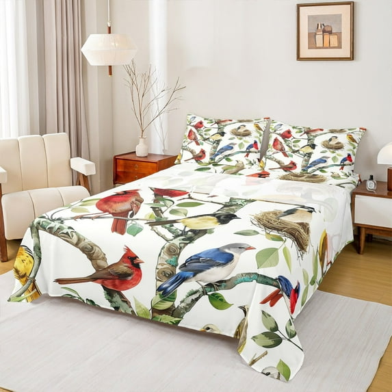 Manfei Cute Cardinals Twin Sheet Sets,Wild Animal Twin Fitted Sheet,Country Botanical Leaf Flat Sheet For Adults,Luxury Bedroom Decor,3 Pieces