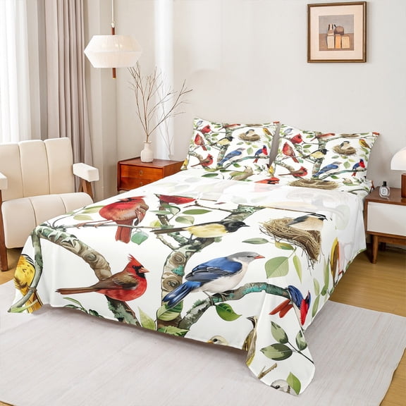 Manfei Cute Cardinals Twin Sheet Sets,Wild Animal Twin Fitted Sheet,Country Botanical Leaf Flat Sheet For Adults,Luxury Bedroom Decor,3 Pieces